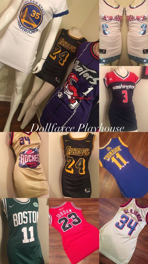 My Jersey Dresses are actually made into a dress. They are not oversized jerseys that look like a dress. They are made in any size, team, player and color. Measurements are welcome! They are CUSTOM Jersey Dresses and you have a option to add bling and switch up the style.🏀 www.DollfaycePlayhouse.com Nike Dress Outfit, Jersey Dress Outfit 2000s, Custom Jersey Dress, Jersey With Skirt, Jersey And Skirt, Muse Outfit, Nba Jersey Dress, Jersey Dress Outfit, Basketball Dress