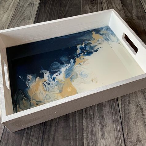 Karen & Emily Watkins, Artists on Instagram: “Did you know we make decorative home decor items too, like this beautiful wood & resin serving tray? Navy, white and gold...measures…” Resin Wood Tray, Resin Serving Tray, Diy Serving Tray, Wood Art Diy, Tray Resin, Tray Diy, Serving Tray Wood, Diy Resin Art, Diy Resin