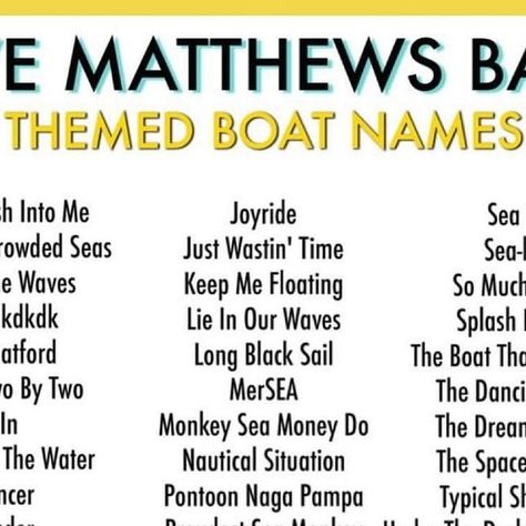 DMB Gorge Crew on Instagram: "41 DMB boat names! Which is your favorite and what else should be added? 

#dmb #davematthewsband #davematthews #dmbgorgecrew #dmbgc #gorgecrew" Funny Boat Names, Funny Boat, Boat Name, Boat Names, Dave Matthews Band, Dave Matthews, March 16, Boating, Sailing