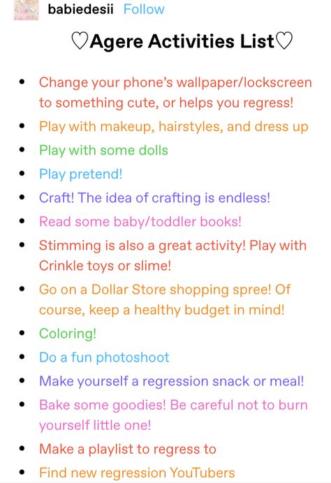 Care Giver Tips, How To Take Care Of An Age Regressor, Ageregre Self Care, Lil Space Activities, Age Regres, Little Spaces Ideas Activities, Age Reggresion Icon Pfp, Little Spaces Journal, Ageregre Activities