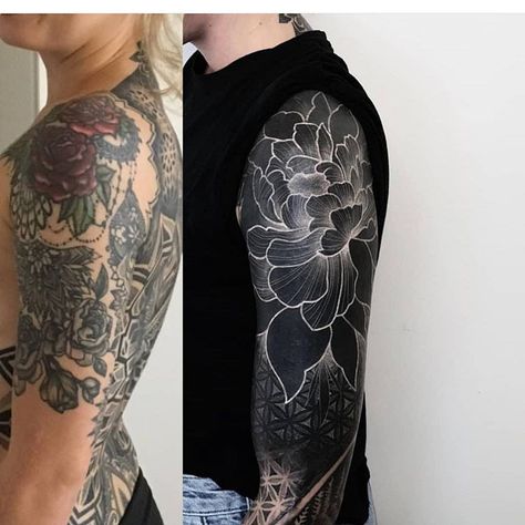 White Over Black Tattoo, Tatuaje Cover Up, Tato Maori, Black Sleeve Tattoo, All Black Tattoos, Black Tattoo Cover Up, Tattoo Dotwork, Black White Tattoos, Blackout Tattoo