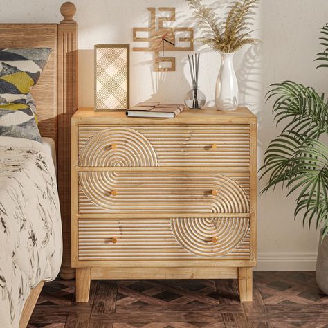 PRICES MAY VARY. Design Style: The farmhouse dresser is a perfect blend of rustic charm and artisanal craftsmanship. The retro-like wood ring pattern on the surface adds an exquisite touch, the natural wood color adds a more natural atmosphere to your room. Excellent Material: Expertly crafted from solid FIR wood and high-quality MDF, this mid-century rustic dresser provides ample space for keeping smaller items organized and within reach. Stylish Yet Functional: The rustic wooden nightstand wit Natural Wood Bed, Farmhouse Nightstand, Rustic Dresser, Farmhouse Dresser, Three Drawer Dresser, Mid Century Nightstand, Rustic Nightstand, Ring Pattern, Boho Mid Century