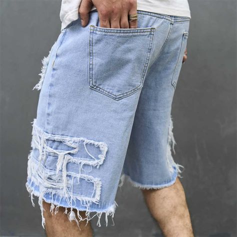 High-Streets Summer Ripped Jeans Denim Shorts for Men with Distressed Cat Whiskers Hip Hop Short Denim Shorts For Men, Male Jeans, Patch Denim, Light Wallpaper, Formal Jumpsuit, Pants Streetwear, Concept Clothing, Bodysuit Blouse, Ripped Denim Shorts