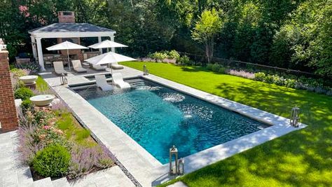 Pool Surrounded By Trees, Pool With Shed, Patios Ideas Backyard, Hamptons Style Pool, Hampton Pool, Hamptons Pool, Ideas Backyard Patio, Patios Ideas, Rectangle Pool