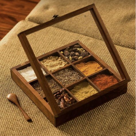 Indian Spice Box, Masala Dabba, Ikea Interior, Wooden Containers, Wooden Table Top, Spice Storage, Spice Box, Spice Containers, Kitchen Spices