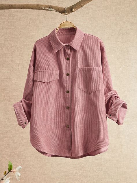 Dusty Pink Casual  Long Sleeve Corduroy Plain Other Embellished Non-Stretch Spring/Fall Women Outerwear Plus Size Corduroy, Dusty Pink Style, Corduroy Blouse, Corduroy Coat, Women Outerwear, Trendy Fashion Women, Outerwear Women, Elegant Woman, Dusty Pink