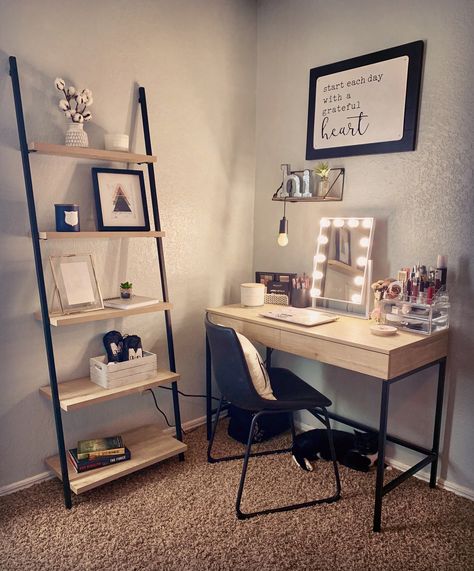 Bedroom Vanity-desk combo. Make-up organization. Working space. Cat not included. Make Up Desk Organization Beauty Room, Makeup Desk Small Space, Desk And Vanity Organization, Office Vanity Room Combo Desks, Desk Makeup Vanity Combo, Desk For Vanity, Desk As A Vanity, Desk As Vanity In Bedroom, Work Desk And Vanity In One