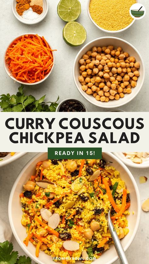 This Curry Couscous Chickpea Salad is a colorful and filling Indian-inspired fusion dish that makes for a perfect make-ahead lunch! Vegan. Couscous Chickpea Salad, Couscous Chickpea, Curry Couscous, Health Bowls, Curried Couscous, Making Couscous, Chickpea Salad Recipes, Fusion Dishes, Vegan Salad Recipes