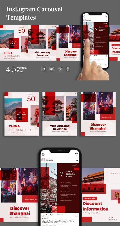 Travel Instagram Carousel Template PSD, XD, SKETCH, FIG Instagram Carousel Template, Carousel Template, Instagram Carousel, Pin Template, Pin Design, Social Media Templates, Travel Instagram, Carousel, Fig