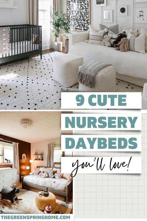 Check out these four real-life nurseries for nursery daybed layout ideas! You'll also find NINE stylish & top-rated nursery daybed ideas - with options for every budget! Nursery Queen Bed, Day Bed For Nursery, Nursery Layout With Bed, Nursery Daybed Ideas, Nurseries With Daybeds, Daybed In Nursery Ideas, Daybed For Nursery, Nursery With Queen Bed Layout, Nursery With A Daybed