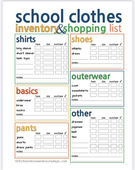 Organisation, Back To School Outfit Checklist, What To Buy For Back To School Clothes, Back To School Grocery Shopping List, Back To School Clothes List Elementary, Back To School Wardrobe Checklist, Back To School List Clothes, School Shopping List Clothes, Back To School Clothes Shopping List