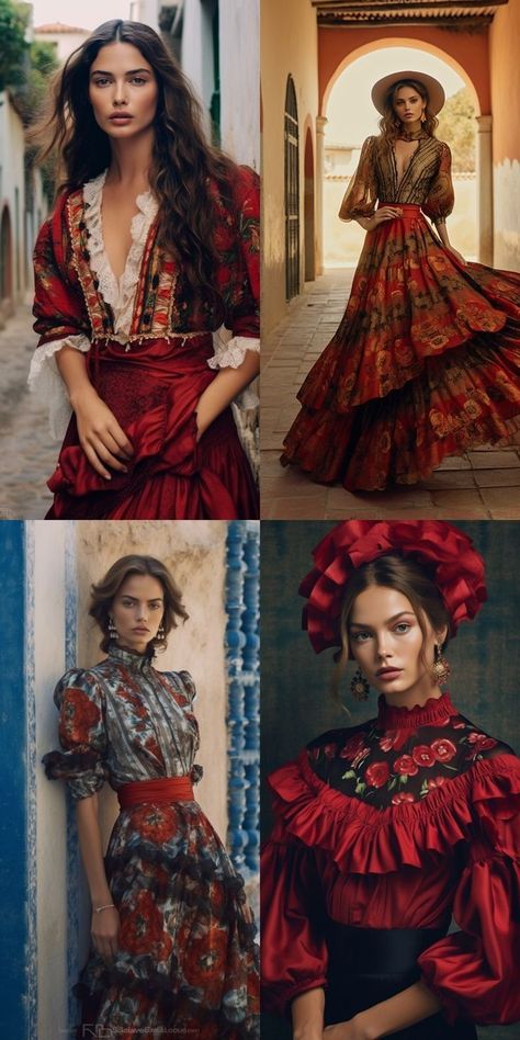 Spain Womens Fashion, Traditional Spanish Clothing Women, Flamenco Skirt Outfit, Spanish Dance Dress, Spain United Nation Costume, Spanish Costumes Women, Spanish Woman Style, Flamenco Dress Modern, Spanish Inspired Dress