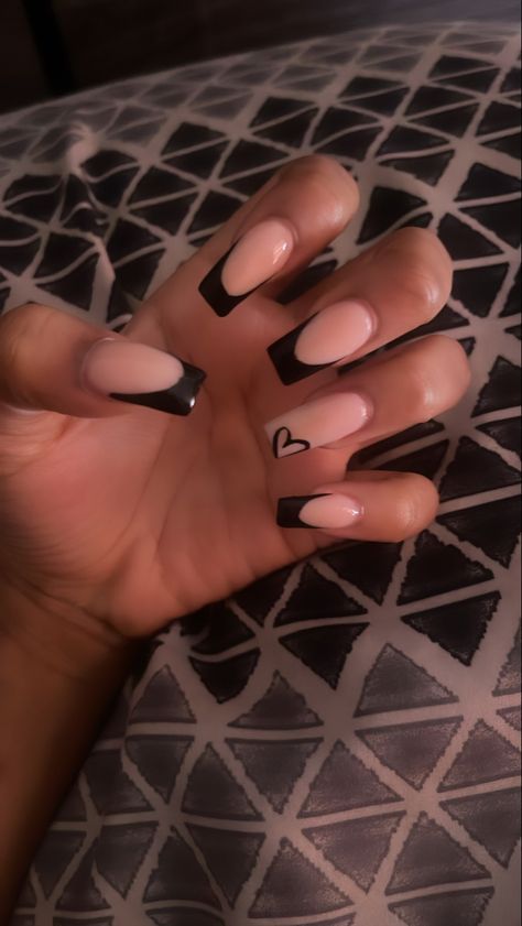 Black French Nails With Heart, Black French Tip Heart Nails, Black Nails With A Heart, Blue French Tip With Heart, Black Heart French Tips, Black French Tip Nails With Initials, Black French Tip With Initial, Heart On Nails Design, Black French Tips With Hearts