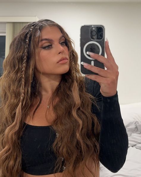 rhinestone, crystals, braids, hairstyle, hair inspo, festival hair, brunette, wavy, crimped, extensions Wavy Hair Styles Braids, Festival Wavy Hair, Wavy Hair Plait, Wavy Concert Hair, Crimped Hairstyles For Medium Hair, Concert Hairstyles Wavy Hair, Festival Hairstyles For Wavy Hair, Braid And Waves Hairstyle, Plaits And Curls Hairstyles