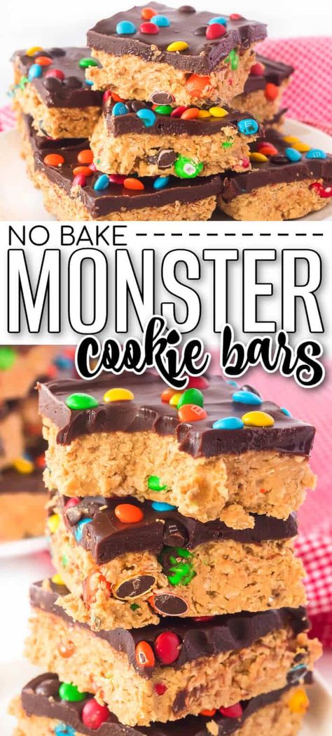 EASY NO BAKE MONSTER COOKIE BARS RECIPE Easy Kid Desserts Fun, Mini M And M Recipes, Fast Easy Desserts 3 Ingredients, Easy Bars Recipes 4 Ingredients, Kids No Bake Recipes, Easy Desserts Bars, Super Simple Baking Recipes, No Fridge Desserts, Mnm Recipes