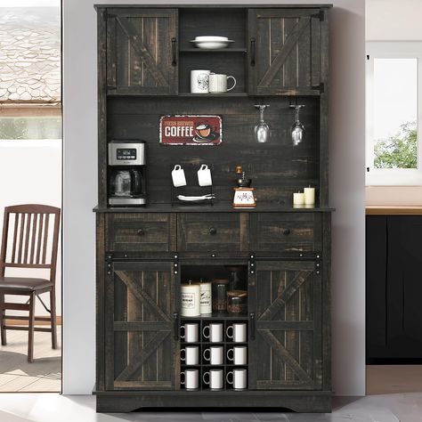 PRICES MAY VARY. Retro Farmhouse Style: This kitchen coffee bar cabinet with storage consists of a white cabinet, wood tabletop and black metal hinges barn doors that play a decorative role and show off the original farmhouse style very well. Sliding barn doors are the soul of the farmhouse style. Bring a farmhouse style corner to your home Ample Storage Space: This tall bar cabinet is a combination of top coffee bars and bottom buffet cabinet. 42'' tabletop holds kitchen appliances such as coff Hoosier Coffee Bar, Dining Room Buffet Cabinet, Tall Bar Cabinet, Farmhouse Buffet Cabinet, Dining Room Rustic, Original Farmhouse, Barn Door Cabinet, Coffee Bar Cabinet, Tall Bar