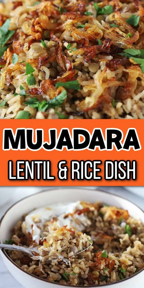 Bowl of rice and lentil dish with seasoning with Pinterest overlay. Rice And Lentils Recipe, Lebanese Rice, Mujadara Recipe, Lentil And Rice, Lentil Recipes Easy, Rice And Lentils, Rice Diet, Lentils Recipe, Lentil Dishes