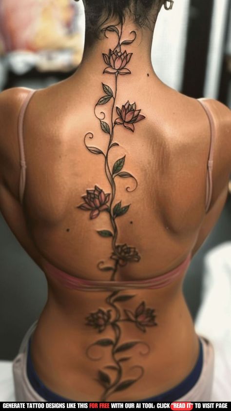 Back Tattoos Women Flower, Big Spine Tattoos For Women, Garden Back Tattoo, 200 Tattoo Ideas, Lady Tattoos For Women, Flower Back Tattoo Women, Side Flower Tattoo, Tattoo Ideas Lotus, Women Flower Tattoos