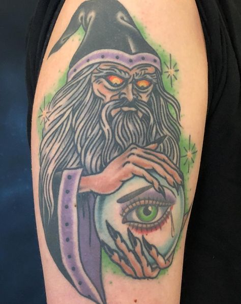 Magician Traditional Tattoo, Wizard Tattoos For Men, Wizard Sleeve Tattoo, Traditional Wizard Tattoo, Wizard Trad Tattoo, Wizard Tattoo, Tattoo Old School, Evil Wizard, Brother Tattoos