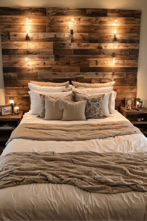 17 DIY Headboard Ideas – The DIY Desire Bedroom Accent Wall, Creative Bedroom, Bedroom Accent, Accent Wall Bedroom, Wall Accent, Rustic Bedroom, Remodel Bedroom, Master Bedrooms Decor, Main Bedroom