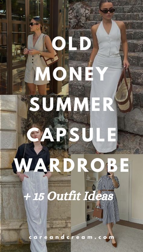 Upgrade your summer look with our Old Money Summer Capsule Wardrobe! We've put together 15 elegant outfit ideas that will awaken your old money style with a mix of 25+ chic summer essentials. Feel confident owning your aesthetic this summer with the relaxed yet refined old money summer style. These outfit ideas are truly an inspiration for crafting your timeless capsule wardrobe. Plus: old money look, old money summer outfits, quiet luxury. What To Wear On Holiday Summer Outfits, Relaxed Luxury Outfit, Classic Outfits For Women Summer, Old Money Style Woman Outfit Summer, Summer Quiet Luxury Outfits, Old Money Summer Wardrobe, Dissh Outfit Ideas, Sahm Outfits Summer, Old Money Outfits Women Summer