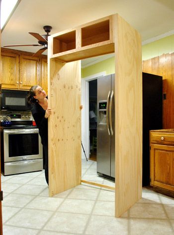 How To Build In Your Fridge With A Cabinet On Top | Young House Love Over Fridge Cabinet Ideas, Fridge Cabinet Surround, Refrigerator Cabinet Surround, Cabinets Around Fridge, Diy Refrigerator Cabinet, Refrigerator Cabinet, Built In Cabinet, Young House, Diy Kitchen Renovation