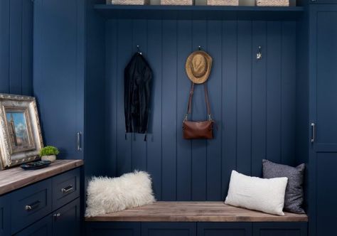 Upgrade your entryway with these navy blue mudroom built-ins! 💙 Designed for both style and function, this mudroom features custom cabinetry, convenient hooks, and ample storage to keep your home organized and clutter-free. The bold navy color adds a modern touch while blending seamlessly with any decor. Whether you're tackling a mudroom renovation or planning a custom storage solution, this design is full of inspiration. Save this pin to your home renovation board! Navy Blue Mudroom, Navy Mudroom, Mudroom Built Ins, Mudroom Powder Room, Blue Mudroom, Mudroom Renovation, Custom Storage, Reno Ideas, Colonial Style