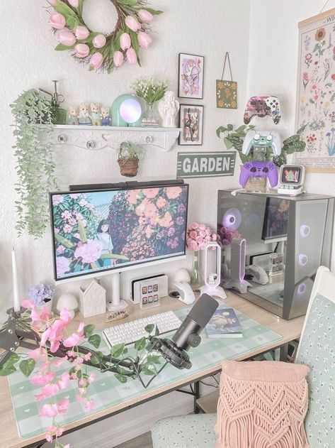 Pastel Gaming Room, Pastel Gaming Setup, Purple Gaming Setup, Girly Desk, Games Room Inspiration, Cozy Desk, Dream Desk, Computer Setups, Cool Dorm Rooms