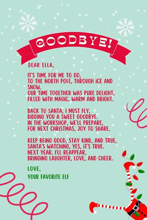 Check out 13 clever Elf on the Shelf goodbye ideas + grab my free customizable Elf on the Shelf goodbye letter template! #elfontheshelf #elfontheshelfgoodbye #goodbyeelf Goodbye Letter From Elf On The Shelf, Elf Goodbye Letter Free Printable, Elf On The Shelf Goodbye, Printable Elf On The Shelf, Goodbye Note, Elf Goodbye Letter, Goodbye Letter, Elf Letters, Letter Ideas