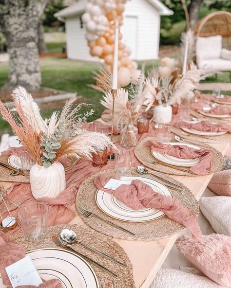 Boho Chic Baby Shower Table Setting, Dusty Rose Table Centerpieces, Dusty Rose Cheesecloth Table Runner, Boho Pink Table Setting, Boho Plate Setting, Dusty Pink Cheesecloth Table Runner, Dusty Rose Wedding Theme Table Settings, Pink Boho Tablescape, Dusty Rose Theme Party