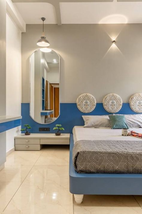 Striking, Inviting and Vibrant Interiors make for this Ethnic Indian Home in Vadodara | De’Caves by Chitte Architects - The Architects Diary Bedrooms Furniture Design, Indian Bedroom Painting Ideas, Master Bed Interior Design, House Interior Pop Design, Best Bedroom Designs Interiors Modern, The Architects Diary Bedroom, Home Decor With Pops Of Color, Luxury Indian Home Interiors, Best Bedroom Interior Design