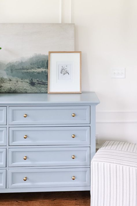 Sherwin Williams French Blue, Sherwin Williams Minimalist, Blue Bedroom Dresser, Stardew Sherwin Williams, Sherwin Williams Stardew, Sherwin Williams Blue, Blue Nightstands, Blue Dresser, Blue Gray Paint