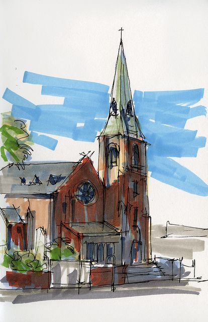 Pen And Marker Drawings, Marker Urban Sketch, Colored Pencil Architecture, Marker Sketch Architecture, Brush Marker Art, Sketch Markers Drawing, Watercolor Marker Art, Colored Pencil Drawing Ideas, Marker Sketching