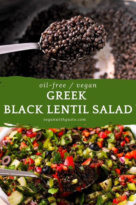 Vegan Greek black lentil salad is a healthy and delicious black lentils recipe with crunchy veggies, fresh herbs, olives and zesty oil-free herb vinaigrette for a flavor-packed vegan salad made in 40 minutes, including resting time. Cook black lentils on the stove or in the Instant Pot. Black Lentils Salad, Black Lentil Recipes Salad, Vegan Black Lentil Recipes, Kale And Lentil Recipes, Black Lentils Recipe, Black Lentil Recipes, Black Lentil Salad, Healthy Lentil Recipes, Mediterranean Lentil Salad