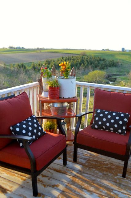 Love this patio inspiration - red conversation set and black and white polka dot outdoor pillows. Planting Flowers In Pots, Red Patio Furniture, Patio Lounge Furniture, Flowers In Pots, Outdoor Deck Furniture, Patio Inspiration, Home Furnishing Stores, Small Balcony Decor, Home Yard