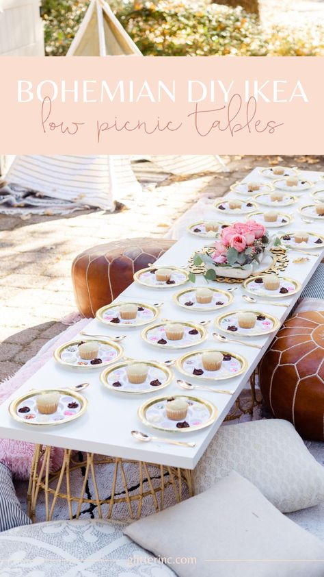 Costume Party Birthday - DIY Bohemian IKEA Low Picnic Tables - GLITTERINC.COM Diy Ikea Picnic Table, Diy Low Picnic Table Ikea, Kids Table Party Ideas, Diy Picnic Table Low, Diy Picnic Table Easy, Ikea Picnic Table Hack, Birthday Party Seating Ideas, Diy Low Table For Kids Party, Diy Floor Table Party