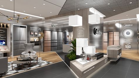 Midea on Behance Kitchen Appliances Showroom, Refrigerator Advertising, Electronic Store, Store Kitchen Appliances, Home Appliance Store, Stall Design, Kitchen Showroom, Electronic Shop, Stall Designs