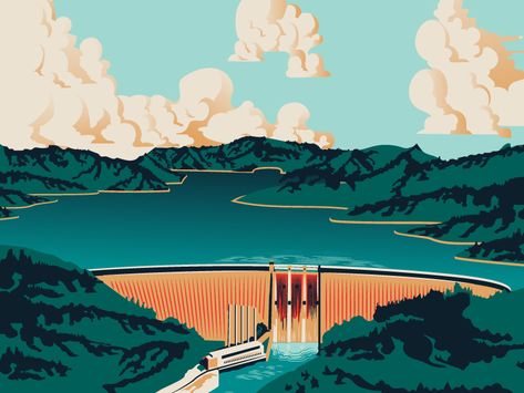 Dam It All Train Illustration, Water Dam, Beach Illustration, Inspirational Illustration, Park Landscape, Landscape Illustration, Hand Drawing, Infographic Design, Embroidery Art