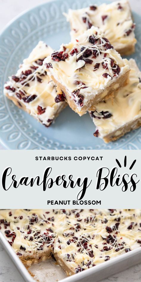 These white chocolate cranberry cookie bars are the perfect copycat for Starbuck's Cranberry Bliss Bars. This easy holiday treat is great to bring to a Thanksgiving or Christmas potluck party! Cranberry Cookie Bars, Christmas Potluck Party, Cranberry Christmas Cookies, Cranberry Bliss Bars Recipe, Cranberry Cookie, Holiday Baking Gifts, Sweet Chex, Cranberry Bliss Bars Starbucks, Beginner Baker