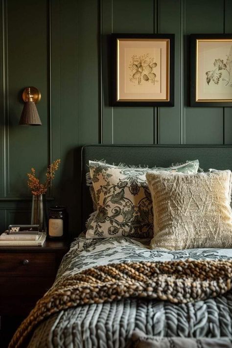 Dark Sage Bedroom Ideas, Dark Sage Walls, Green Bedframe Aesthetics, Magical Interior Design, Mauve And Green Bedroom, Dark Color Bedroom Ideas, Dark Sage Green Bedroom, Moss Green Bedroom, Dark Green Bedroom Walls