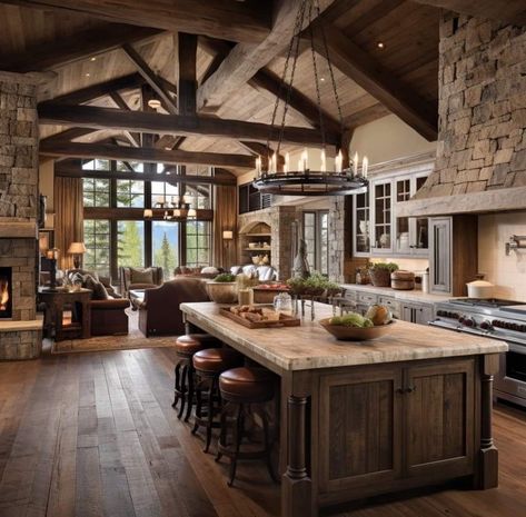 Mountain Style Kitchen, Kitchens In Barndominium, Modern Homestead House, Luxury Barndominium Interior, Mountain Home Kitchens, 2024 Kitchen Cabinet Trends Color, Mountain Kitchen Ideas, Modern Mediterranean Kitchen Design, Italian Rustic Kitchen