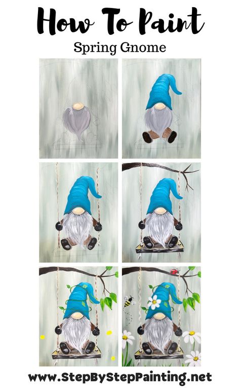 Flower Gnome Painting, Gnome Painting Acrylic, Painting Ideas On Canvas Gnomes, Gnome Canvas Painting Ideas, Acrylic Painting Knomes, Gnome Spring Painting, Painted Wood Gnomes Diy, Spring Gnome Painting Canvas, Painting A Gnome On Wood