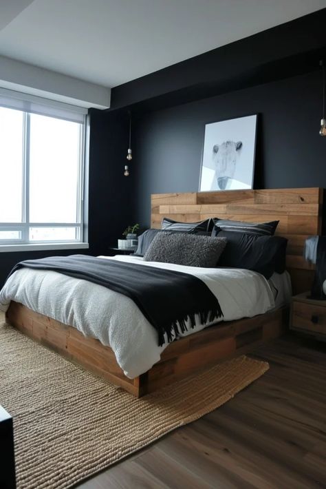 25 Bold Black Accent Wall Bedroom Ideas to Upgrade Your Space - Roomy Retreat Grey Wall Bedroom Ideas, Bedroom Black Accent Wall, Black Accent Wall Bedroom Ideas, Boys Modern Bedroom, Accent Wall Bedroom Ideas, Black Accent Wall Bedroom, Wall Bedroom Ideas, Black Accent Wall, Black Walls Bedroom