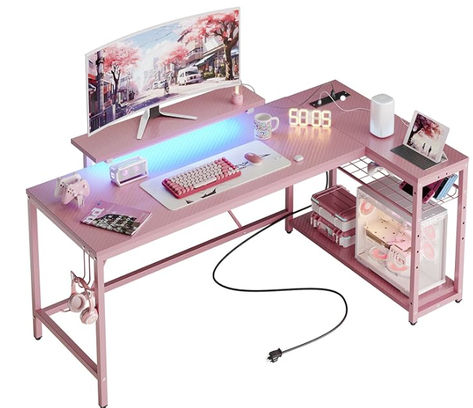 【Bestier Desk,Best Gift for Loved Ones】 【Gaming Desk with Power Outlets】 【Flexible Reversible Coner Desk】  【Pink Carbon Fiber Texture & Handy Hook】 【Easy to Assemble & Support】 Organisation, Small Corner Desk, Shape Games, Corner Computer Desk, Desks For Small Spaces, Work Station Desk, Small Corner, L Shaped Desk, Gaming Desk