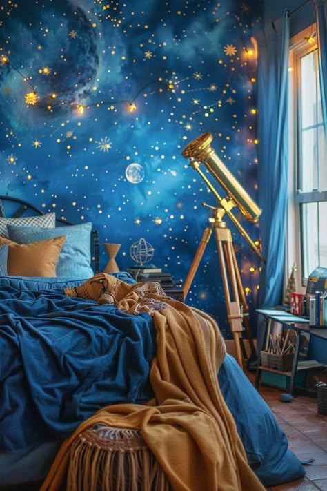 Night Sky Mural Diy, Moon And Stars Room, Bedroom Ideas Themes, Blue Walls And Ceiling, Roman Bedroom, Boho Witchy Bedroom, Deep Blue Walls, Witchy Bedroom Ideas, Spiritual House