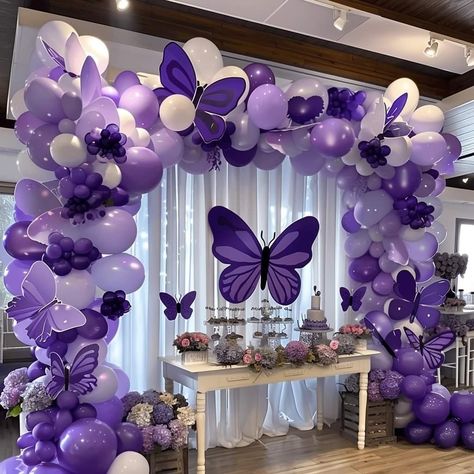 Butterfly Themed Birthday Party, Butterfly Birthday Theme, Birthday Decorations At Home, Sweet Sixteen Birthday Party Ideas, Baby Birthday Decorations, Simple Birthday Decorations, Butterfly Birthday Party, Purple Balloons, Purple Birthday