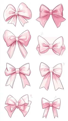 ↑↑↑ Larger size on website 🔸 The image shows eight different variations of pink bows. They are all drawn in a simple, stylized ma Bow Drawing Simple, Bow Drawing Reference, How To Draw Bows, Cute Bow Drawing, Pink Bow Drawing, Bow Reference, Bow Sketch, Coquette Things, Bow Drawing