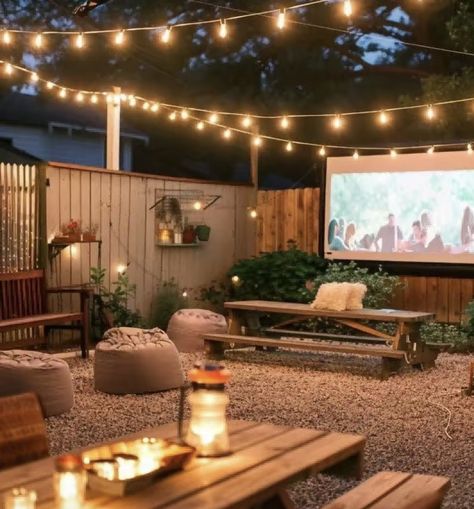 Patio And Backyard Ideas, String Lights Backyard Ideas, Porch Nook Ideas, Stringing Lights In Backyard, Light In Backyard, Active Backyard Ideas, Tiny House Patio Outdoor Spaces, Backyard Light Ideas, Patio Decorating Ideas With Pool