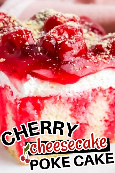 Cherries In The Snow Poke Cake, Cherry Poke Cake Recipes Easy, Fruit Poke Cake Recipes, White Cake Mix Cherry Pie Filling, White Cake With Cherries On Top, Dessert Recipes Cherry Pie Filling, Desert For Potluck Easy Desserts, Cherry Topped Cake, Cherry Chip Poke Cake