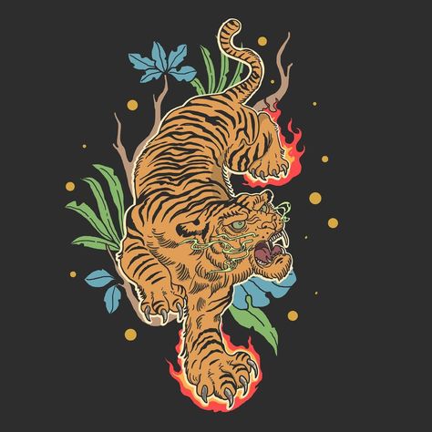 Summer Mural, Sage Tattoo, Art Tigre, Tattoo Wall Art, Japan Poster, Japanese Tiger, Tattoo Posters, Tiger Tattoo Design, Poster Japanese